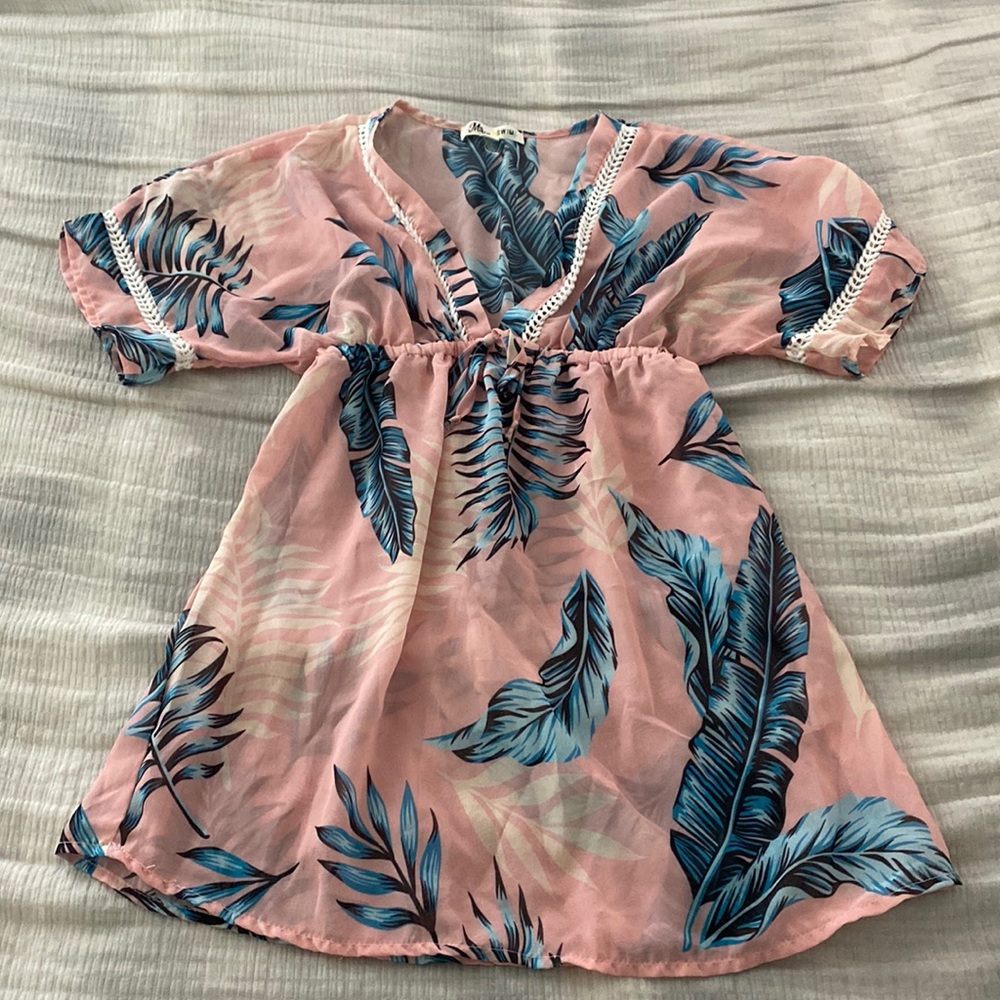 Miken Swim VNeck Tropical Beach Coverup Dress Shear size M